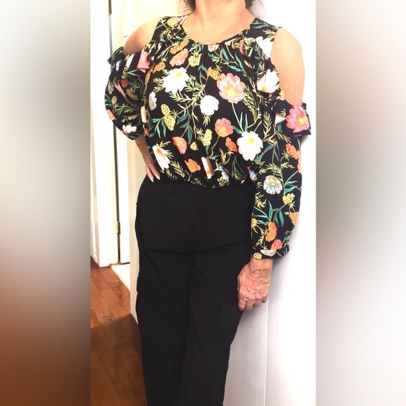kate spade Black Blossom Floral Cold Shoulder Top Blouse - Picture 6 of 10